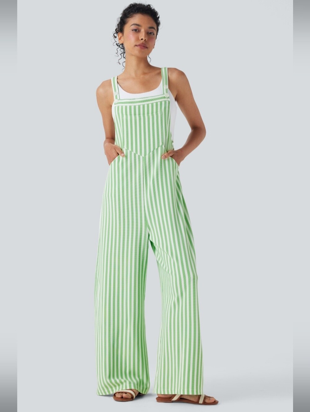 HALARA Green & White Striped Wide-Leg Overalls Jumpsuit